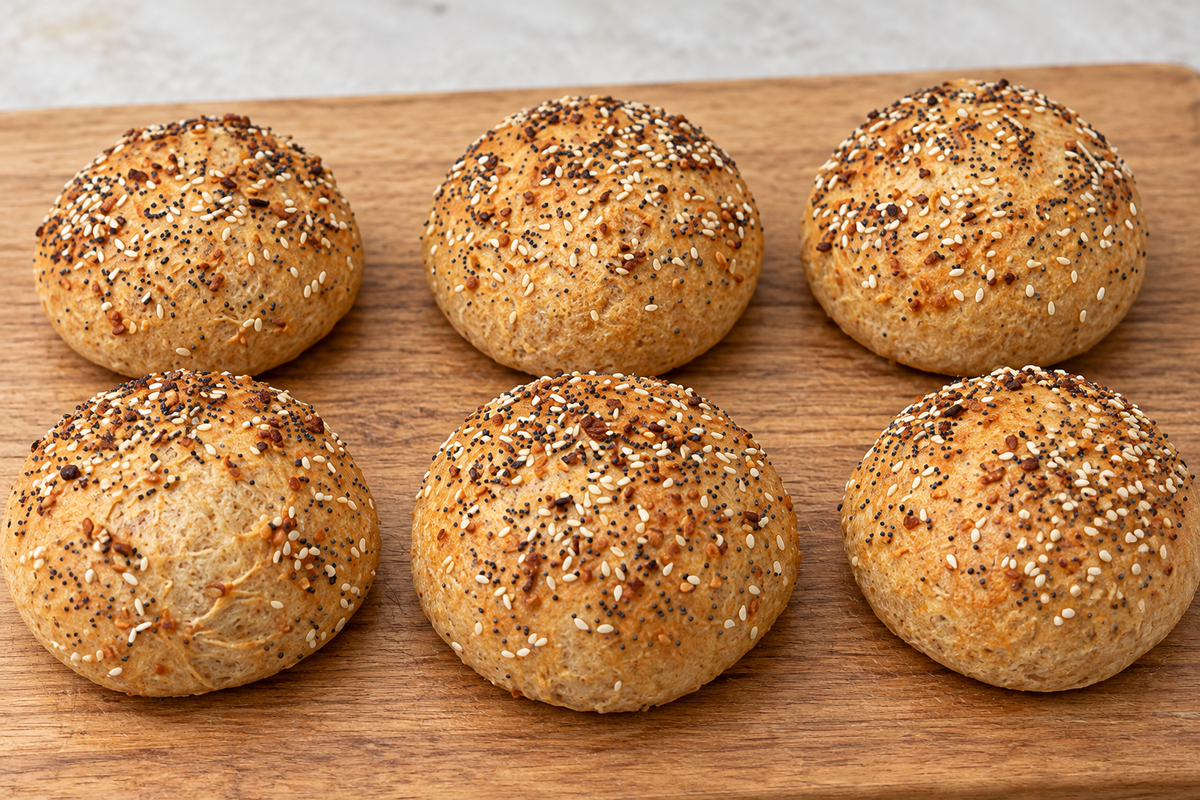 Six golden whole wheat cottage cheese buns topped with everything bagel seasoning on a wooden cutting board.