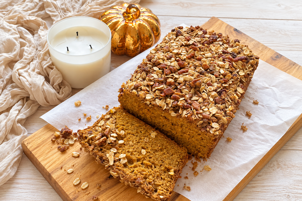 Maple pumpkin bread topped with oat pecan crumble, with a slice on a parchment-lined wooden boar