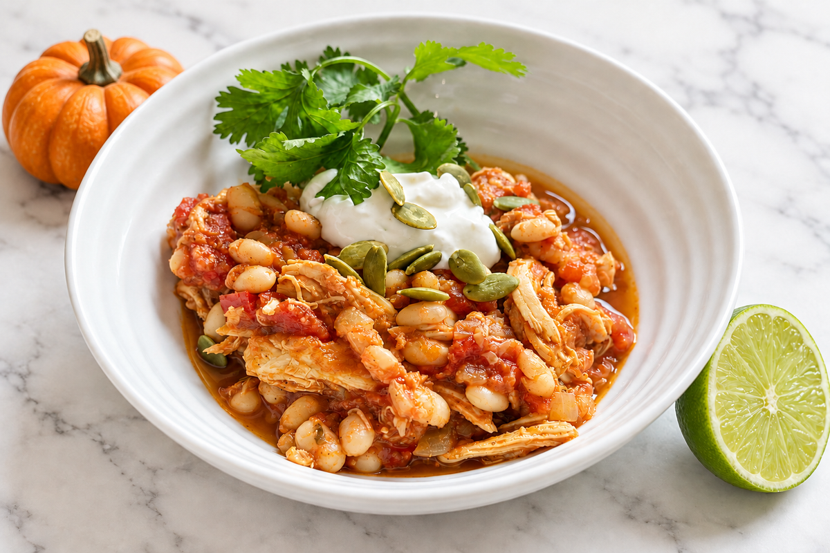 Smoky pumpkin chicken chili with white beans, topped with lime yogurt, pumpkin seeds and fresh cilantro.